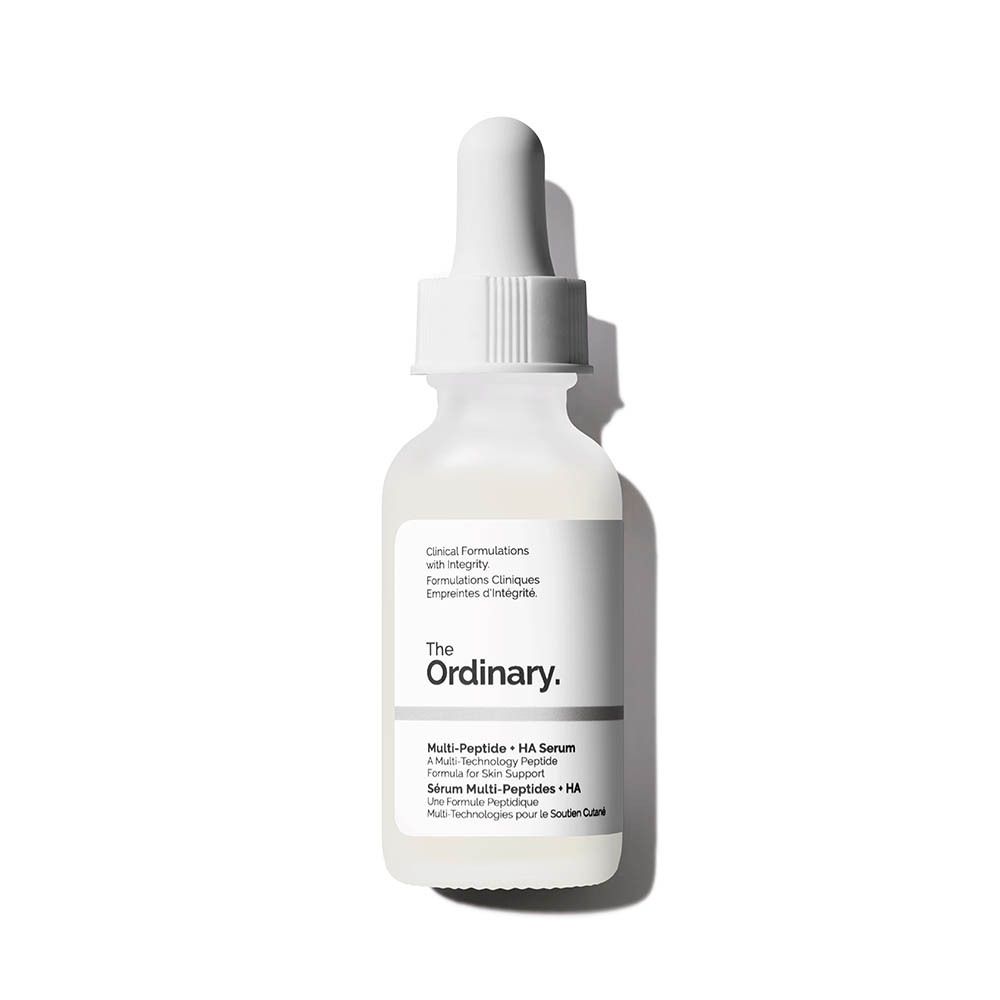 Flacon de sérum avec pipette. Inscription : The Ordinary. Multi-Peptide + HA Serum.