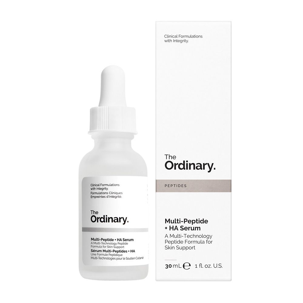 Serumfles en verpakking. Opschrift: The Ordinary. Multi-Peptide + HA Serum.