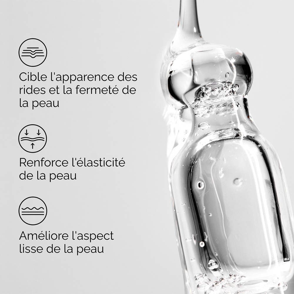 Graphique avec flèches et texte : amélioration des rides, élasticité, peau plus lisse.