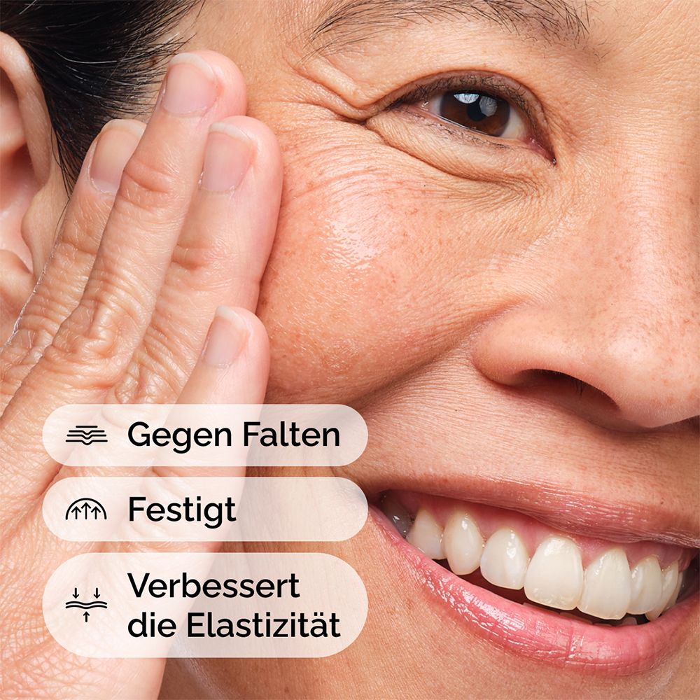 Vrouw raakt gezicht aan. Tekst: Tegen rimpels, Verstevigt, Verbetert elasticiteit.