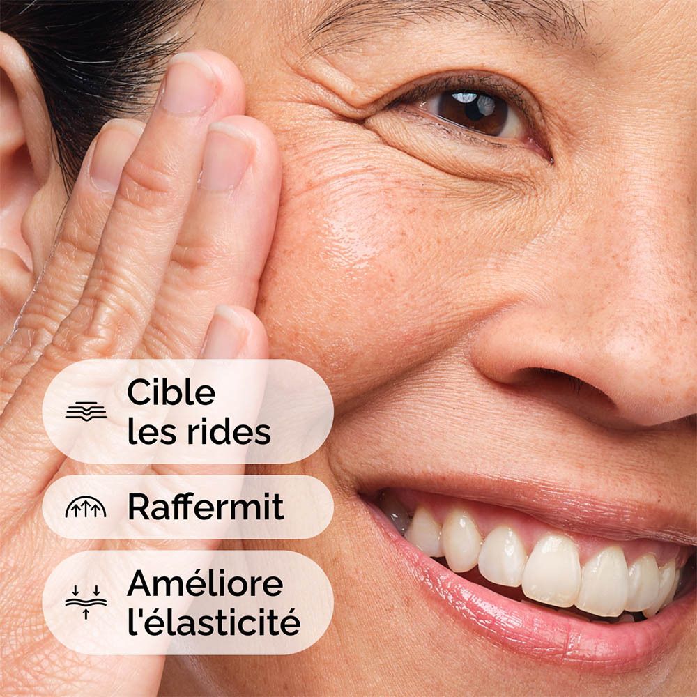 Femme touchant son visage. Texte : Contre les rides, Raffermit, Améliore l'élasticité.