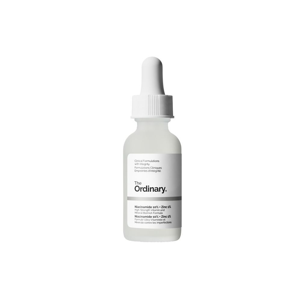 Flacon avec pipette. Inscription: The Ordinary. Niacinamide 10% + Zinc 1%.