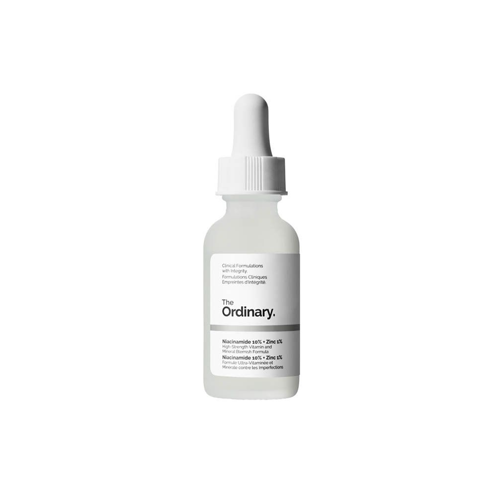 Flesje met pipet. Opschrift: The Ordinary. Niacinamide 10% + Zinc 1%.