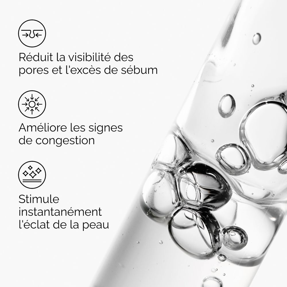 Graphique avec icônes et texte. Réduit les pores, améliore la peau.