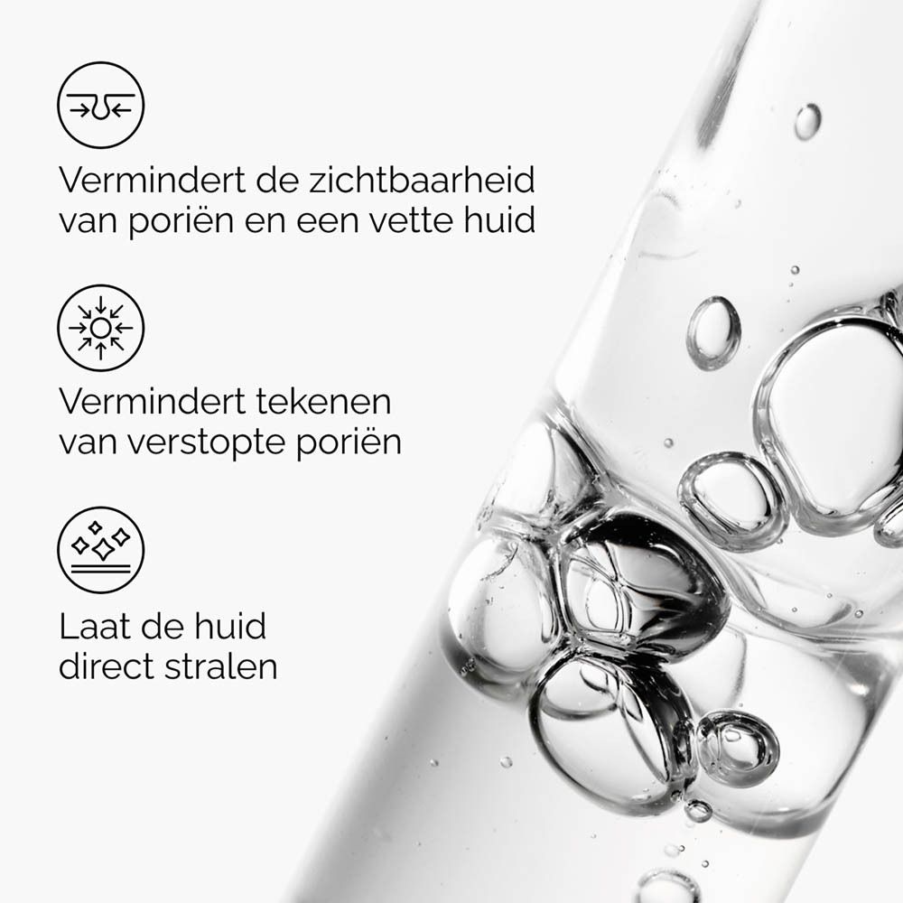Man brengt serum aan. Iconen: verzacht, verheldert, vermindert talg.
