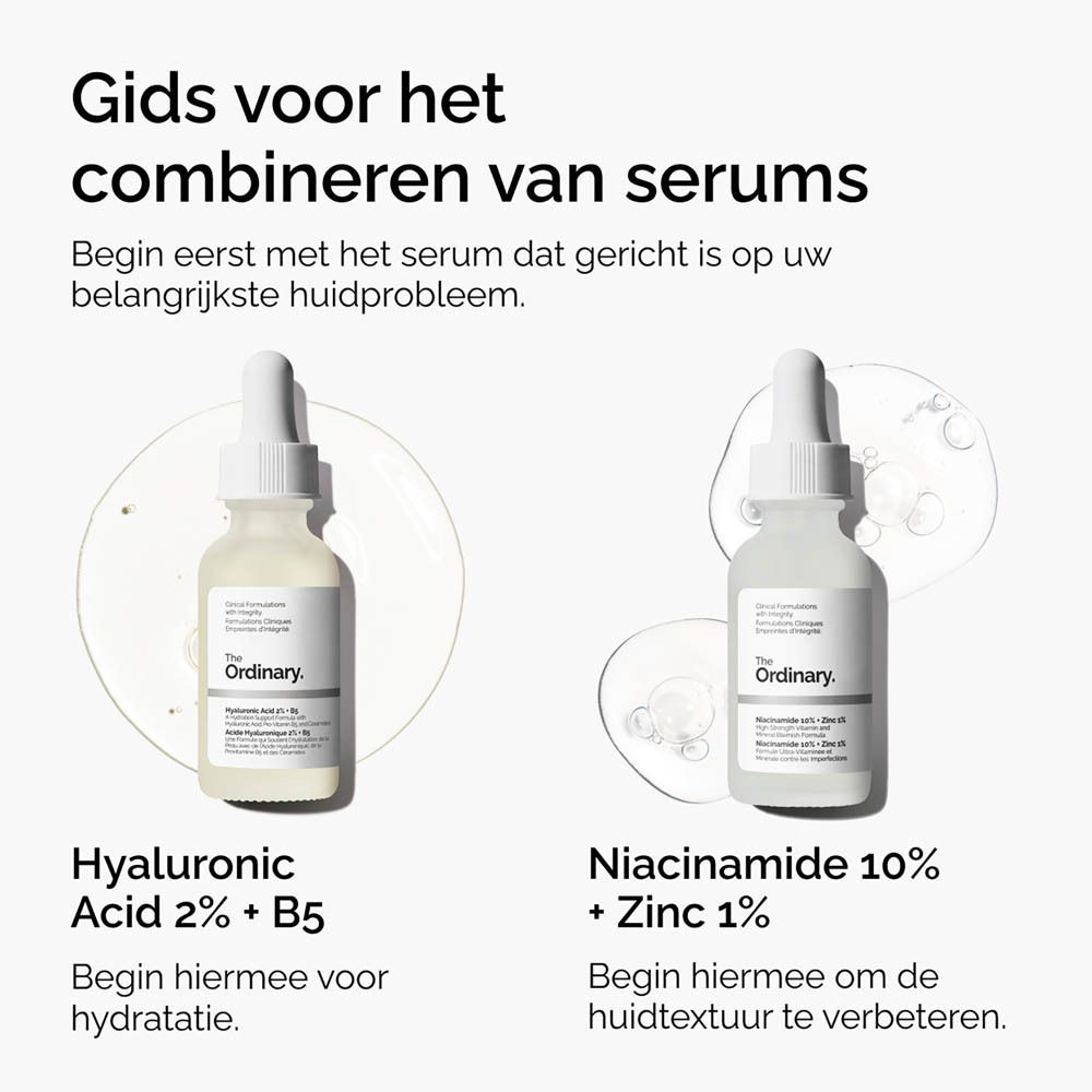 Flesje met pipet. Opschrift: The Ordinary. Niacinamide 10% + Zinc 1%.