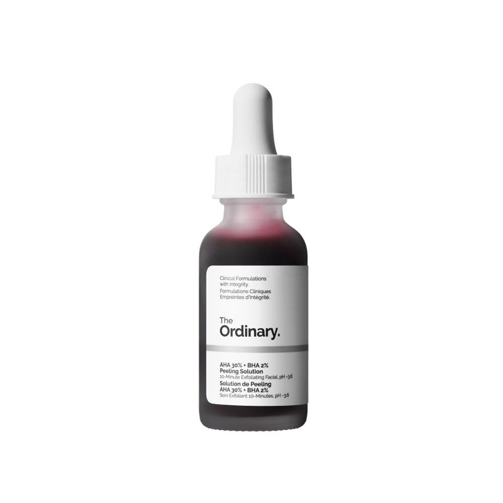 Flacon de solution exfoliante rouge avec pipette. Inscription: The Ordinary. AHA 30% + BHA 2%.