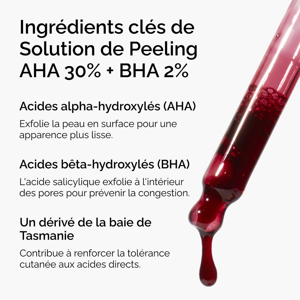 Gros plan de liquide rouge. Texte: Exfolie plusieurs couches, améliore la pigmentation, décongestionne les pores.