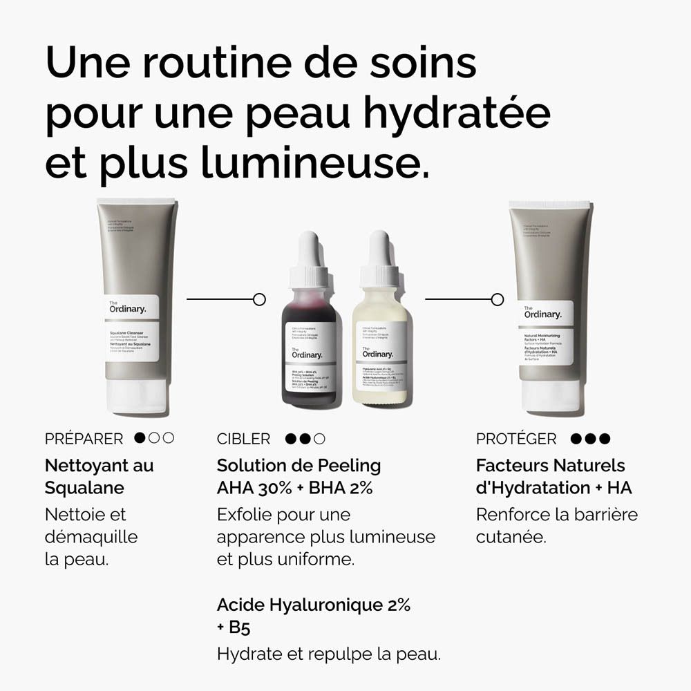 Flacon de solution exfoliante rouge avec pipette. Inscription: The Ordinary. AHA 30% + BHA 2%.