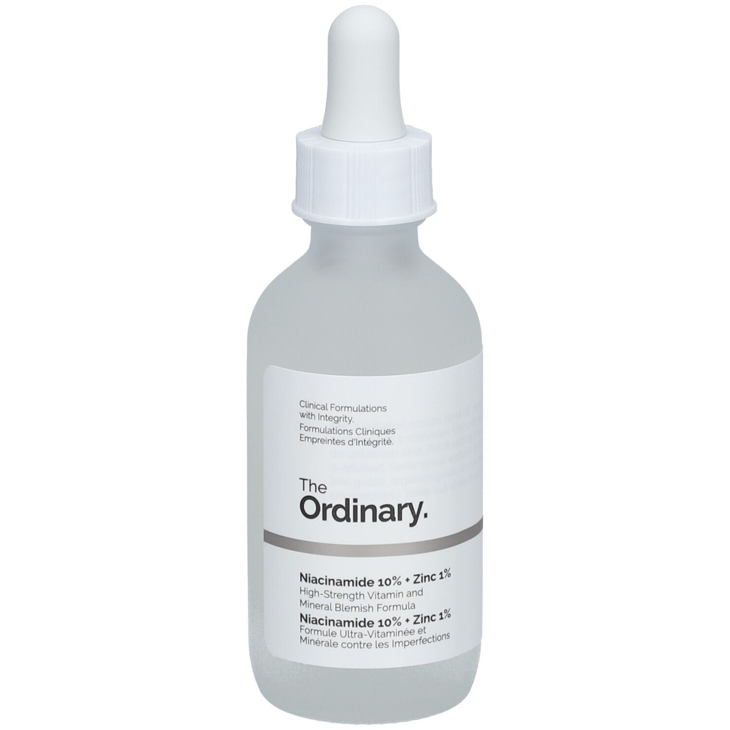 Flacon avec pipette. Inscription: The Ordinary. Niacinamide 10% + Zinc 1%.