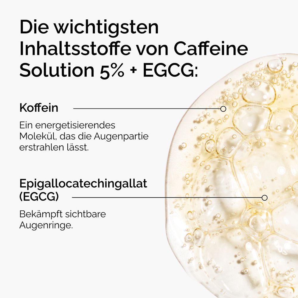 Close-up van de vloeistof met tekst. Tekst: Cafeïne, Epigallocatechinegallaat (EGCG).