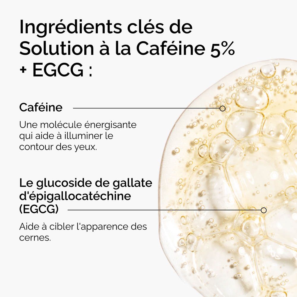 Gros plan du liquide avec texte. Texte : Caféine, Épigallocatéchingallate (EGCG).