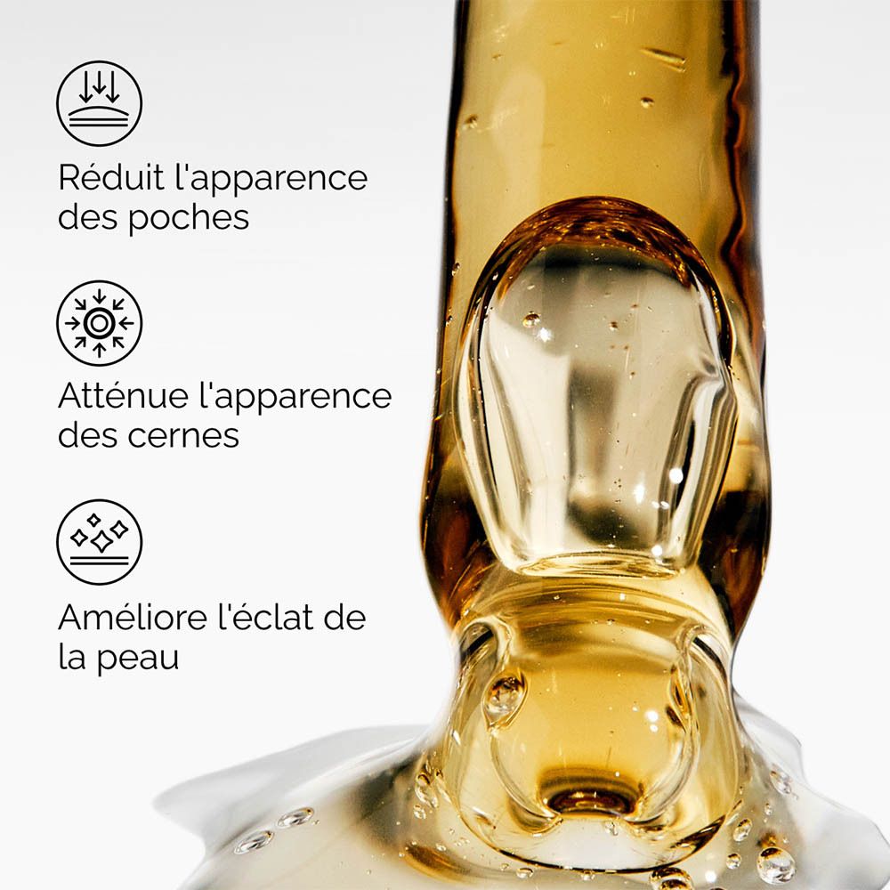 Liquide avec des symboles. Symboles : Réduit les poches, les cernes, améliore la peau.