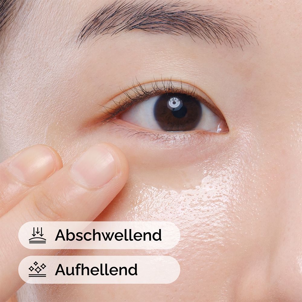 Close-up van een oog met vloeistof. Tekst: Revitaliserend, Laat de huid stralen.