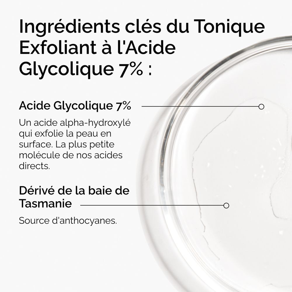 Flacon transparent contenant un liquide clair. Étiquette blanche. Bouchon blanc.