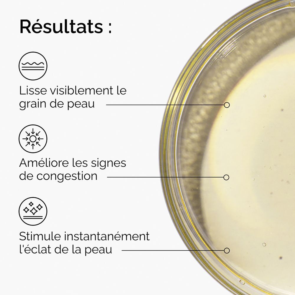 Flacon transparent contenant un liquide clair. Étiquette blanche. Bouchon blanc.
