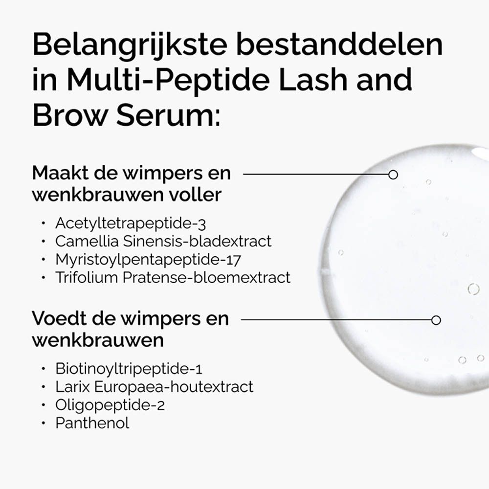 Witte serumfles. Opschrift: Multi-Peptide Lash and Brow Serum.