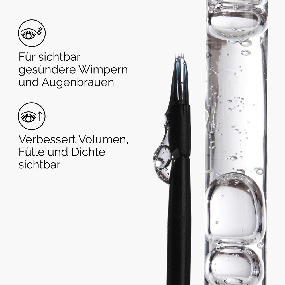Applicator met serum in een vloeistof. Tekst: Voor gezondere wimpers en wenkbrauwen.