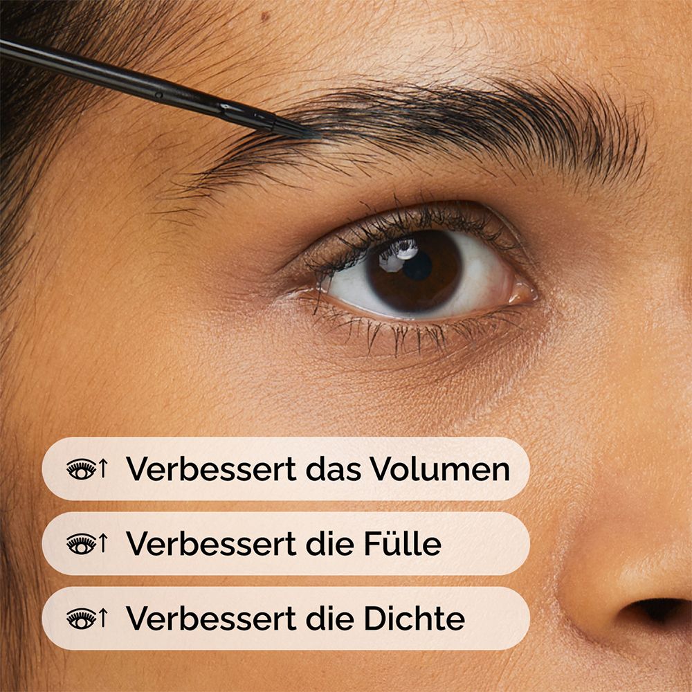 Oog met wenkbrauw. Tekst: Verbetert volume, volheid en dichtheid.