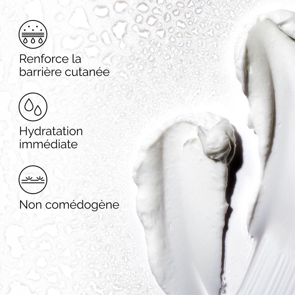 Éclaboussure de crème blanche avec texte. Texte: Renforce la barrière cutanée, hydratation immédiate.