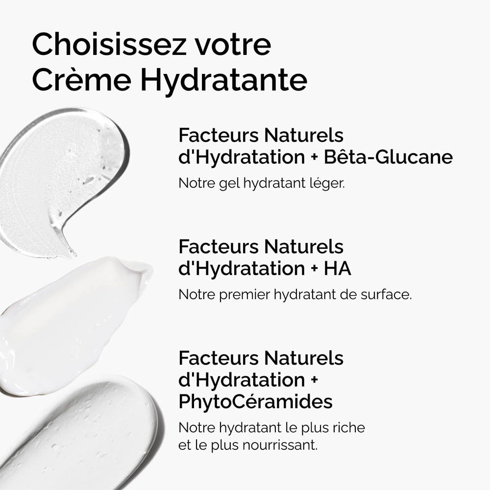 Trois éclaboussures de crème avec texte. Texte: Facteurs hydratants + Bêta-Glucane, HA, PhytoCéramides.