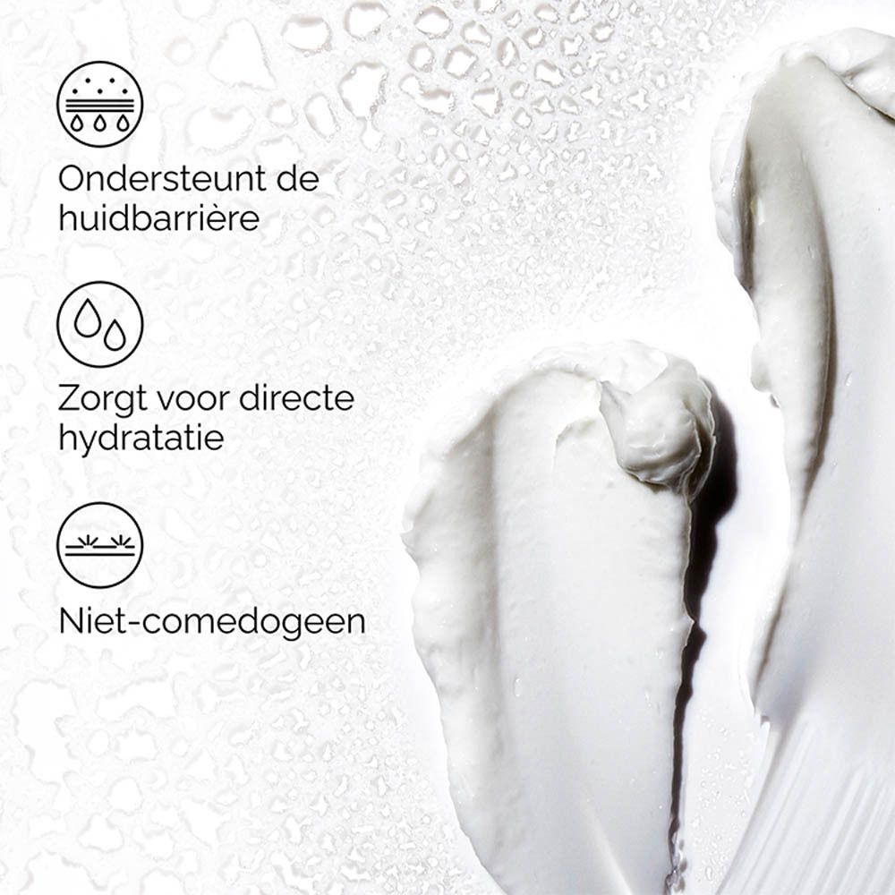 Witte crèmevlek met symbolen: huidbarrière, onmiddellijke hydratatie, niet-comedogeen.