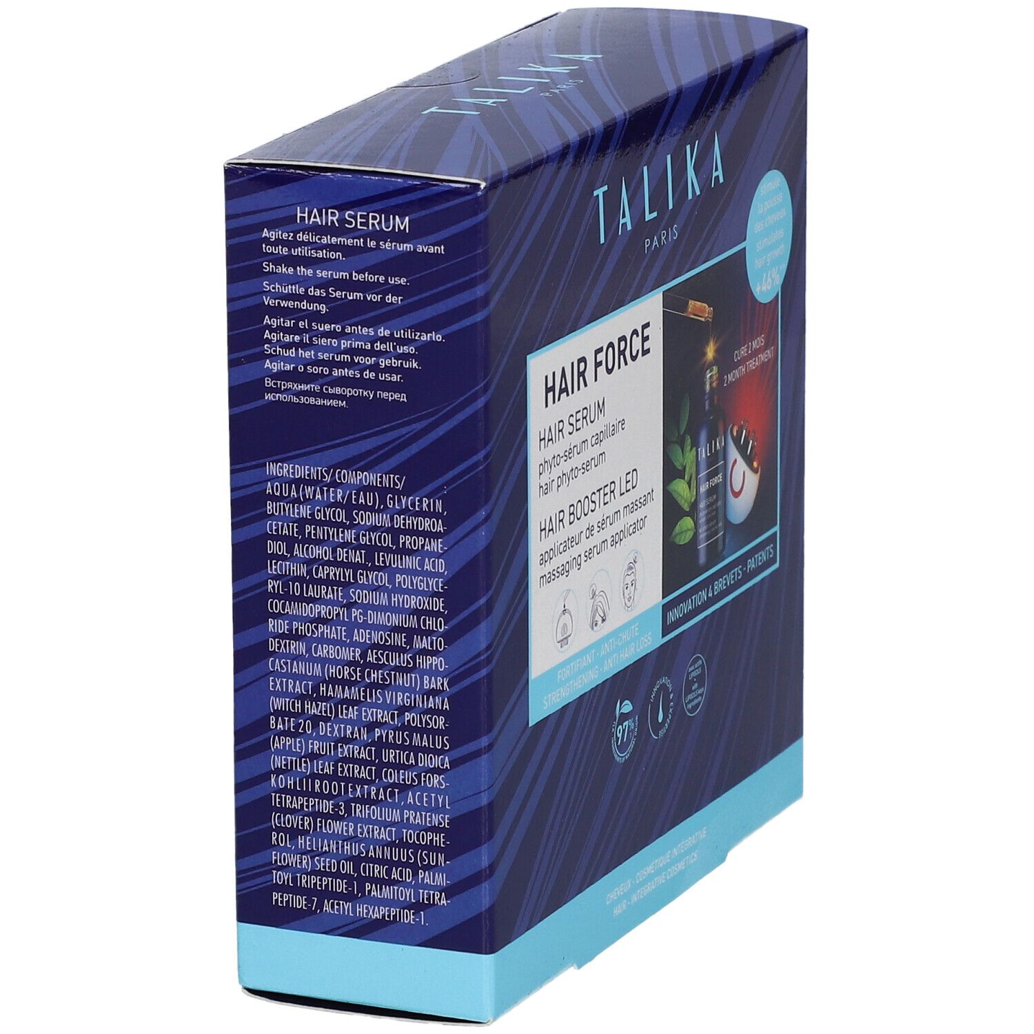 Vue latérale de la boîte avec nom du produit et ingrédients. Contient informations d'utilisation et ingrédients du sérum.