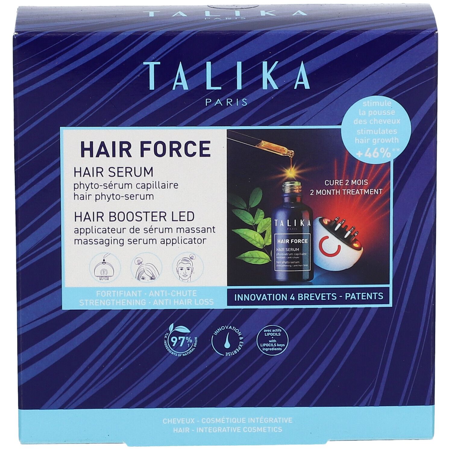 Boîte bleue et blanche avec nom et illustrations du produit. Contient sérum, booster LED et informations capillaires.