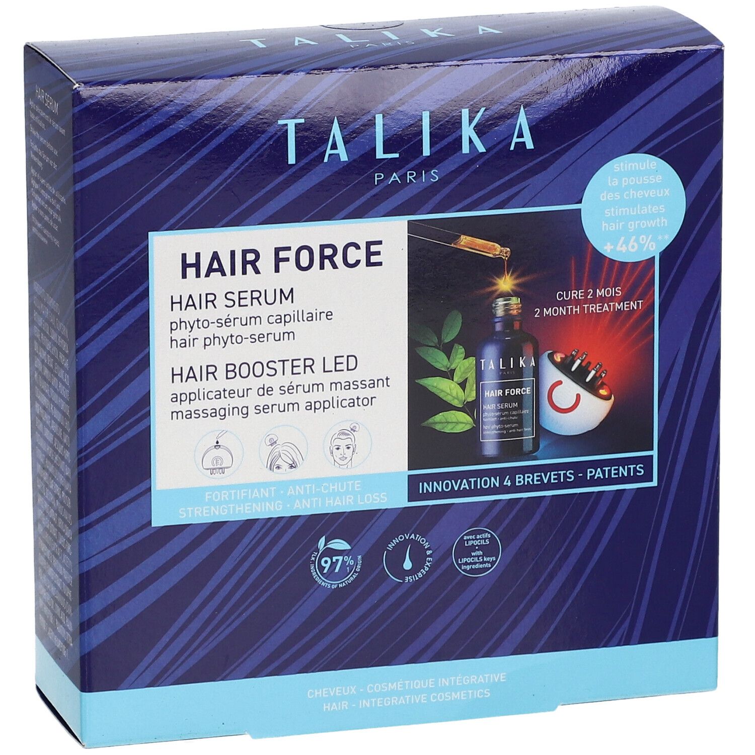 Boîte bleue et blanche avec nom et illustrations du produit. Contient sérum, booster LED et informations capillaires.