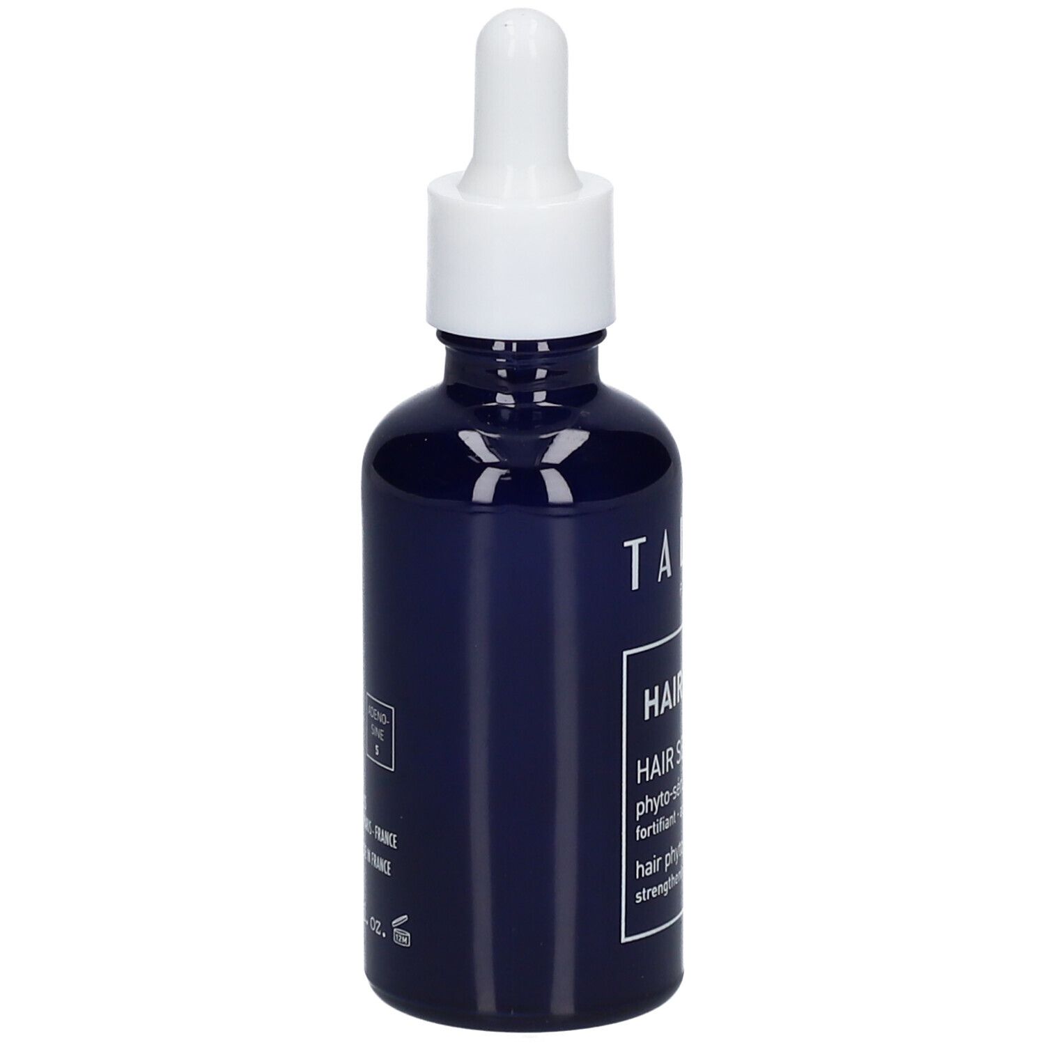 Dunkelblaue Flasche mit weißem Deckel und Pipette. Aufschrift: TALIKA PARIS, HAIR FORCE, HAIR SERUM.
