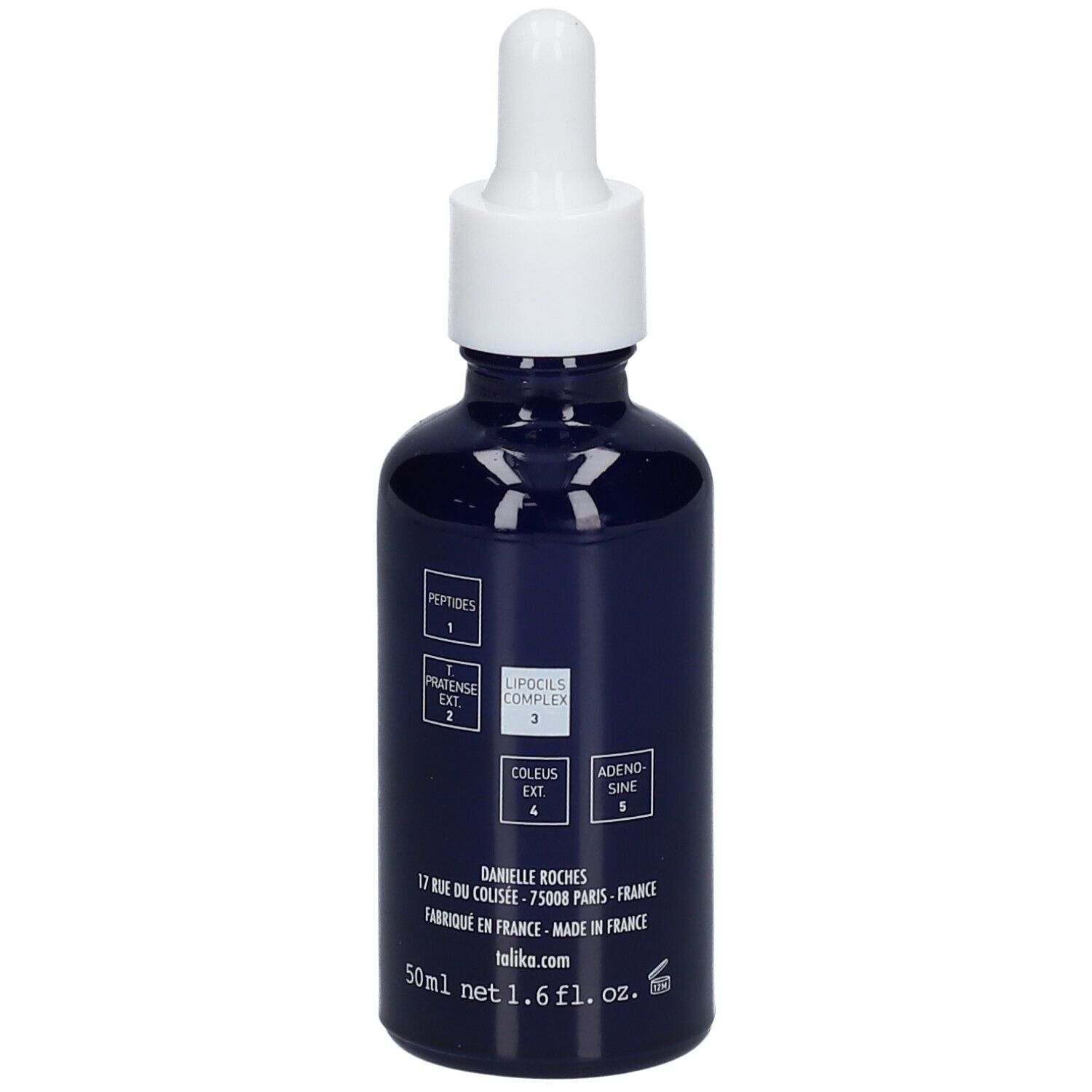 Dunkelblaue Flasche mit weißem Deckel und Pipette. Aufschrift: TALIKA PARIS, HAIR FORCE, HAIR SERUM.