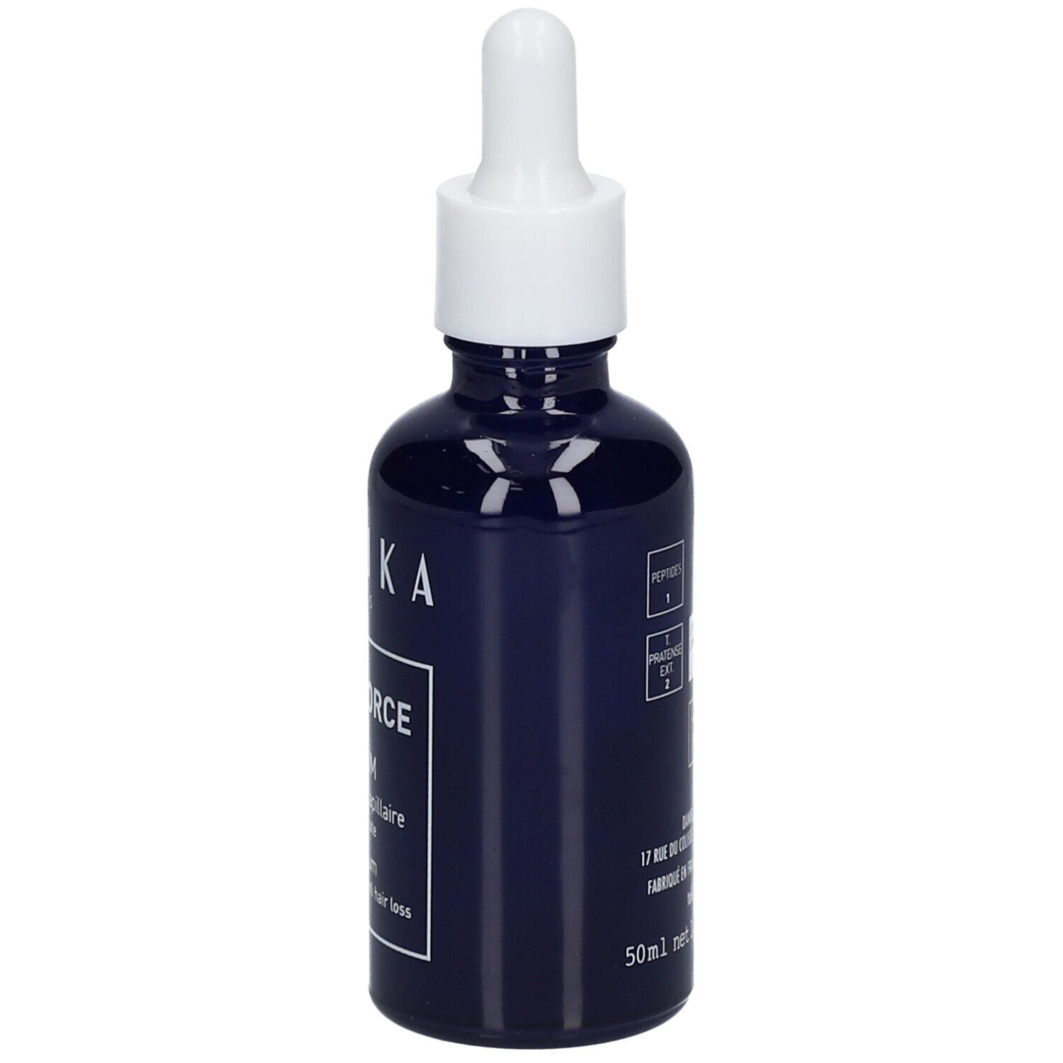 Dunkelblaue Flasche mit weißem Deckel und Pipette. Aufschrift: TALIKA PARIS, HAIR FORCE, HAIR SERUM.