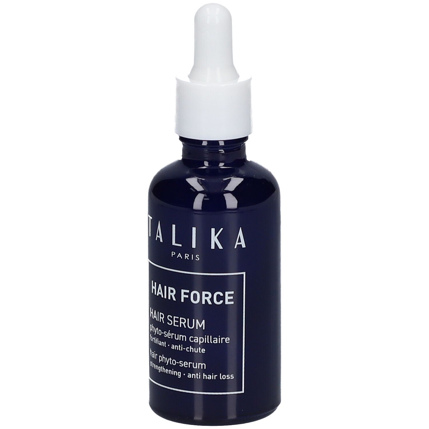 Dunkelblaue Flasche mit weißem Deckel und Pipette. Aufschrift: TALIKA PARIS, HAIR FORCE, HAIR SERUM.