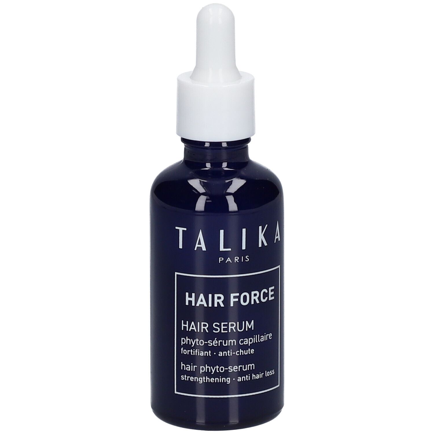 Dunkelblaue Flasche mit weißem Deckel und Pipette. Aufschrift: TALIKA PARIS, HAIR FORCE, HAIR SERUM.