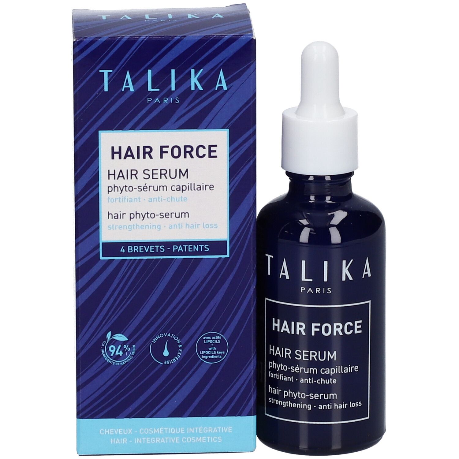 Produktverpackung und Flasche. Aufschrift: TALIKA PARIS, HAIR FORCE, HAIR SERUM. 4 Patente.