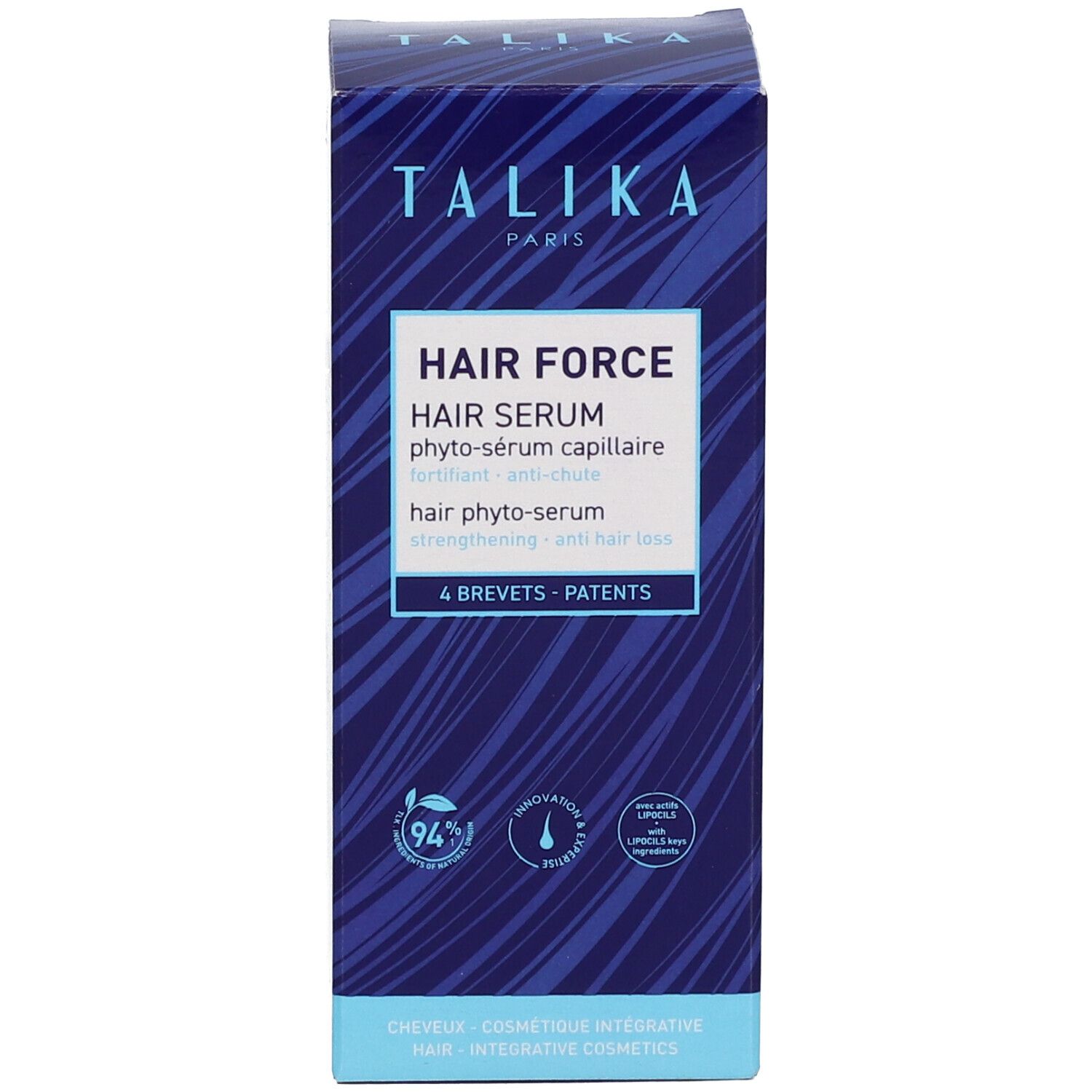 Produktverpackung. Aufschrift: TALIKA PARIS, HAIR FORCE, HAIR SERUM. 4 Patente.