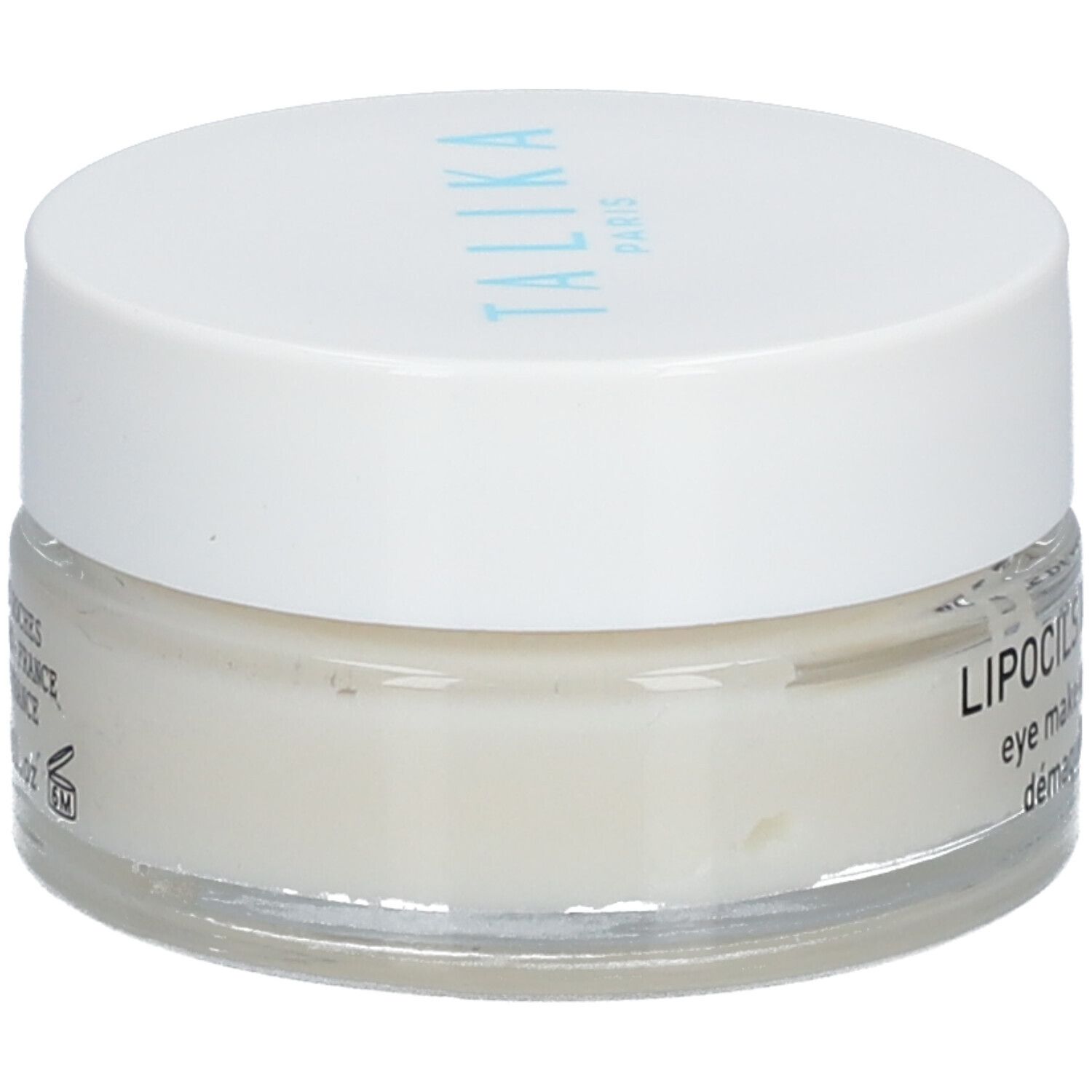 Cremebehälter mit Deckel. Aufschrift: TALIKA PARIS. Creme sichtbar. Text: LIPOCILS DÉMAQUILLANT, eye make-up remover & care, démaquillant soin regard.