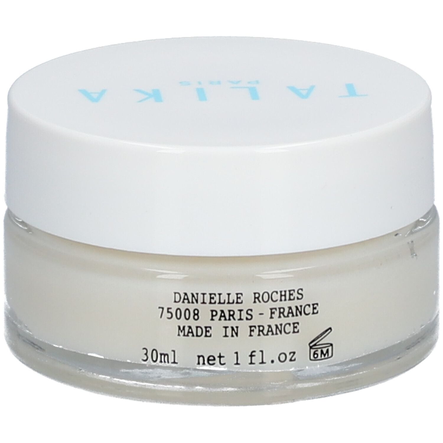Cremebehälter mit Deckel. Aufschrift: TALIKA PARIS. Text: LIPOCILS DÉMAQUILLANT, eye make-up remover & care, démaquillant soin regard. 30ml, Made in France.