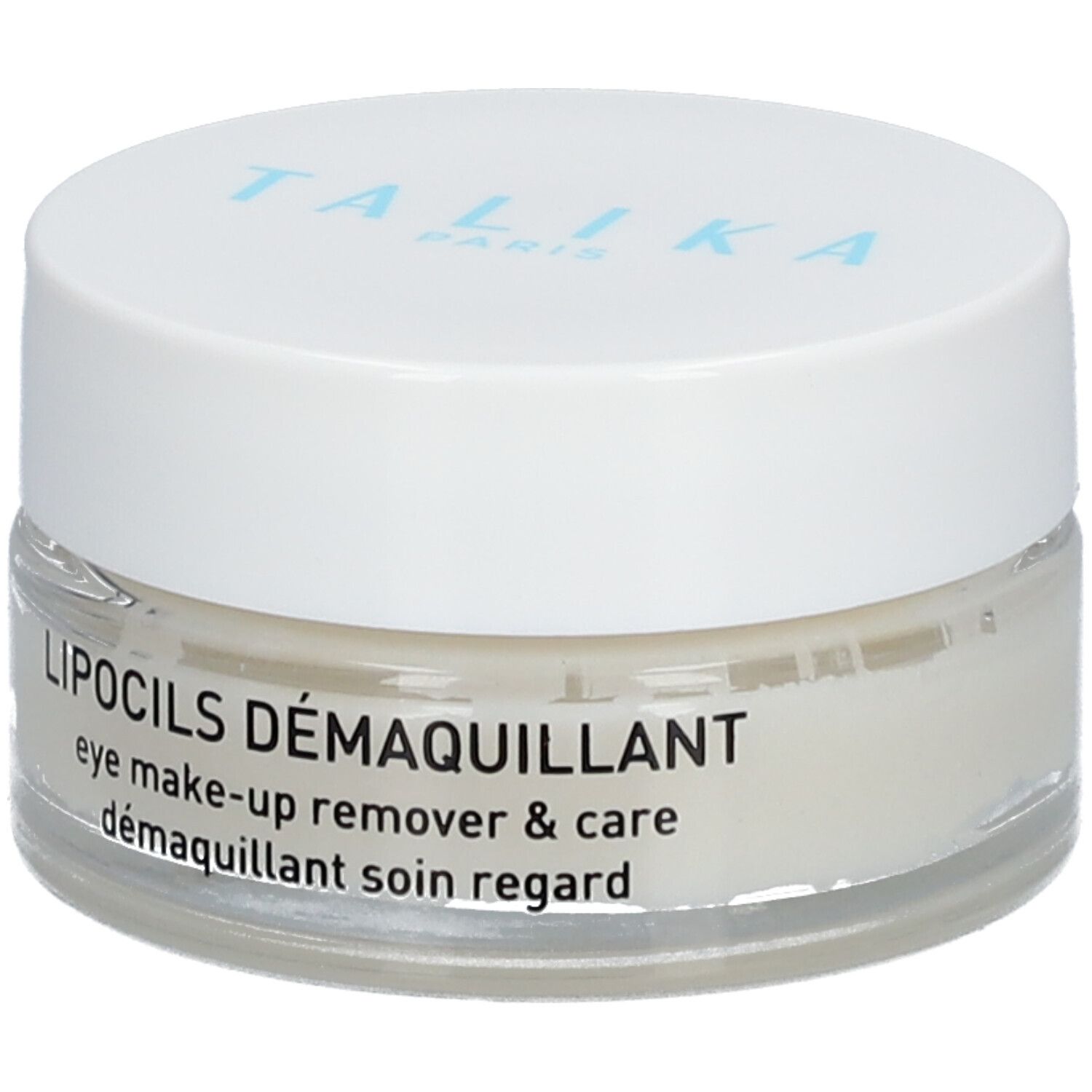 Cremebehälter mit Deckel. Aufschrift: TALIKA PARIS. Text: LIPOCILS DÉMAQUILLANT, eye make-up remover & care, démaquillant soin regard.