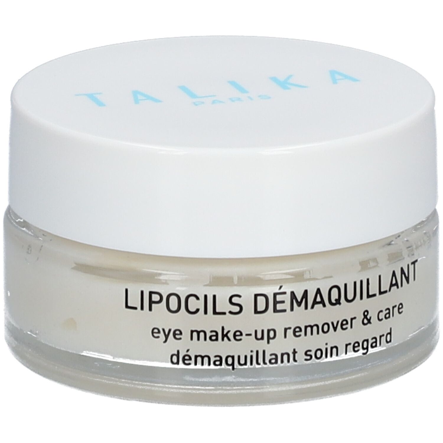 Cremebehälter mit Deckel. Aufschrift: TALIKA PARIS. Text: LIPOCILS DÉMAQUILLANT, eye make-up remover & care, démaquillant soin regard.