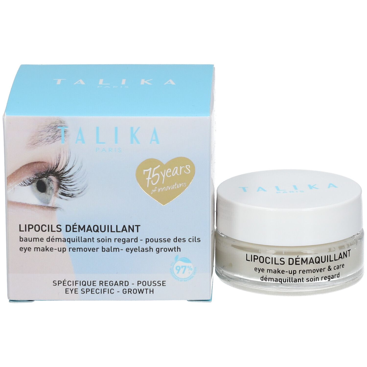Produktverpackung und Cremebehälter. Aufschrift: TALIKA PARIS. Text: LIPOCILS DÉMAQUILLANT, eye make-up remover & care, démaquillant soin regard. 75 Jahre.