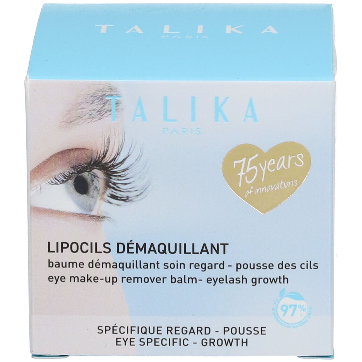 Produktverpackung. Aufschrift: TALIKA PARIS. Text: LIPOCILS DÉMAQUILLANT, eye make-up remover balm - eyelash growth. 75 Jahre.