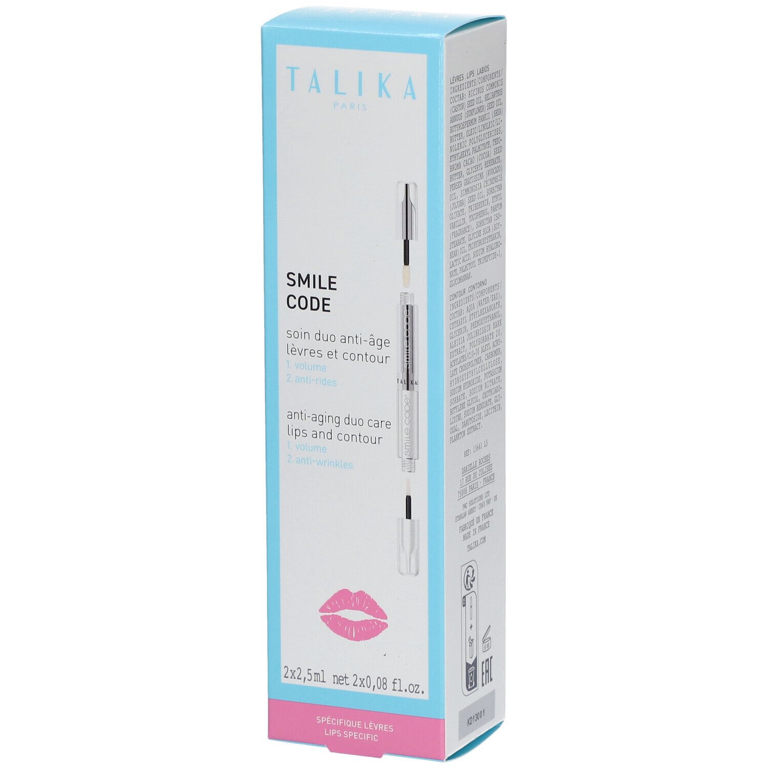 TALIKA SMILE CODE verpakking. Witblauwe doos met productafbeelding en tekst. Bevat twee pennen. Roze lippensymbool.
