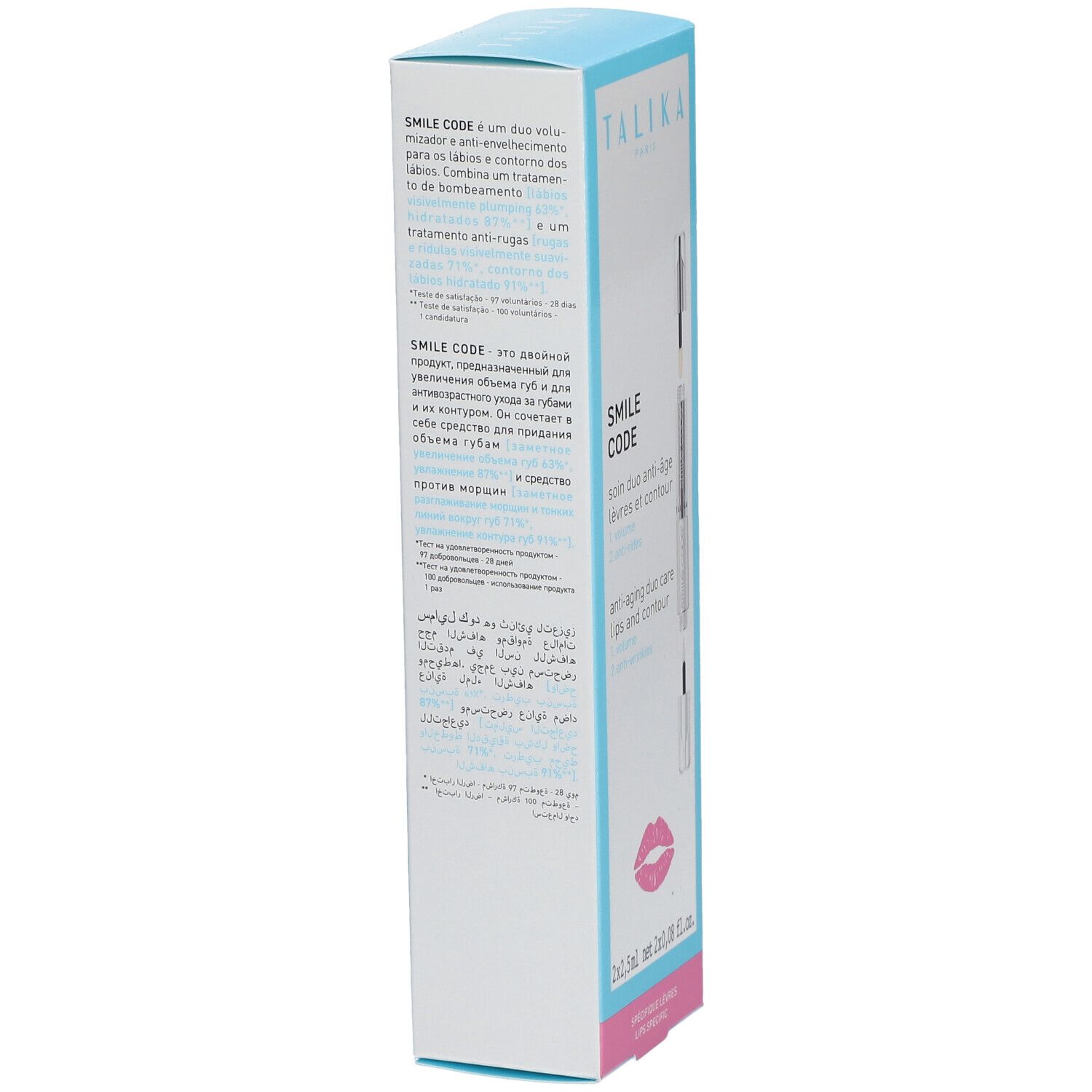 TALIKA SMILE CODE verpakking. Witte doos met tekst in verschillende talen. Bevat productinformatie en een lippensymbool.