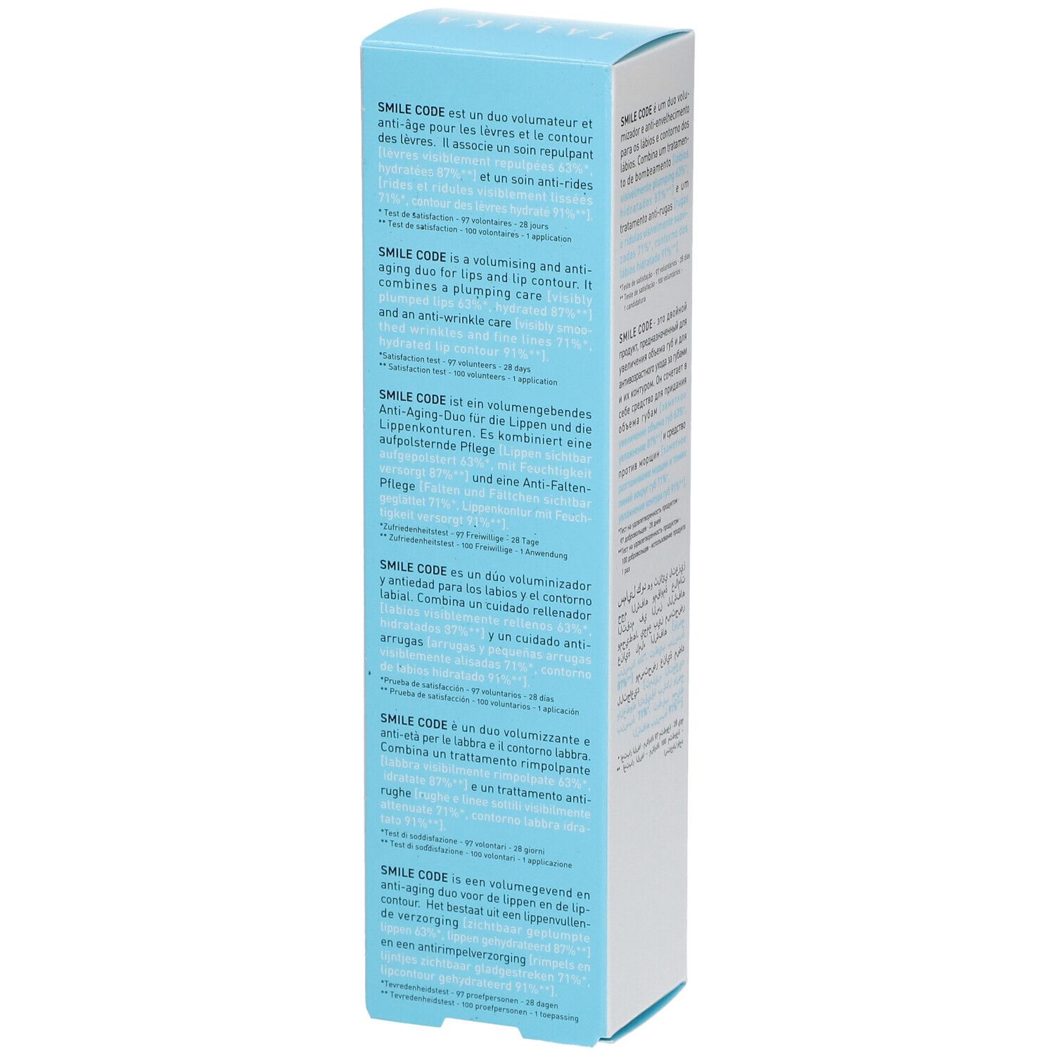 TALIKA SMILE CODE verpakking. Witte doos met tekst in verschillende talen. Bevat productinformatie en een lippensymbool.