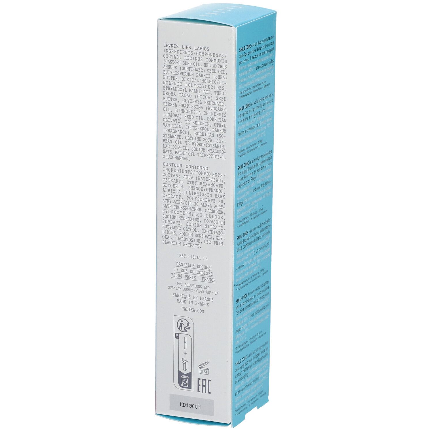 TALIKA SMILE CODE verpakking. Witte doos met tekst in verschillende talen. Bevat productinformatie en een lippensymbool.