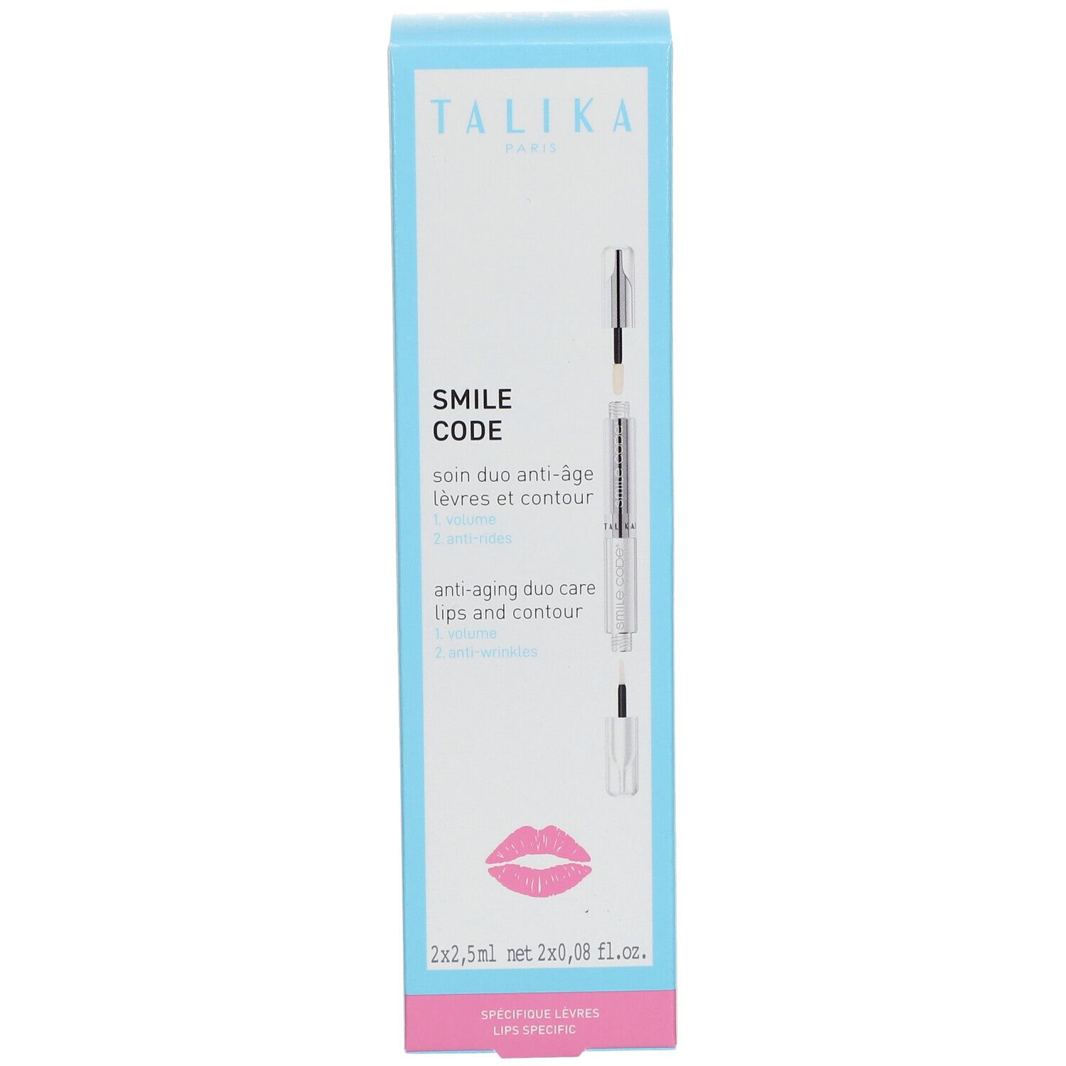 TALIKA SMILE CODE verpakking. Witblauwe doos met productafbeelding en tekst. Bevat twee pennen. Roze lippensymbool.