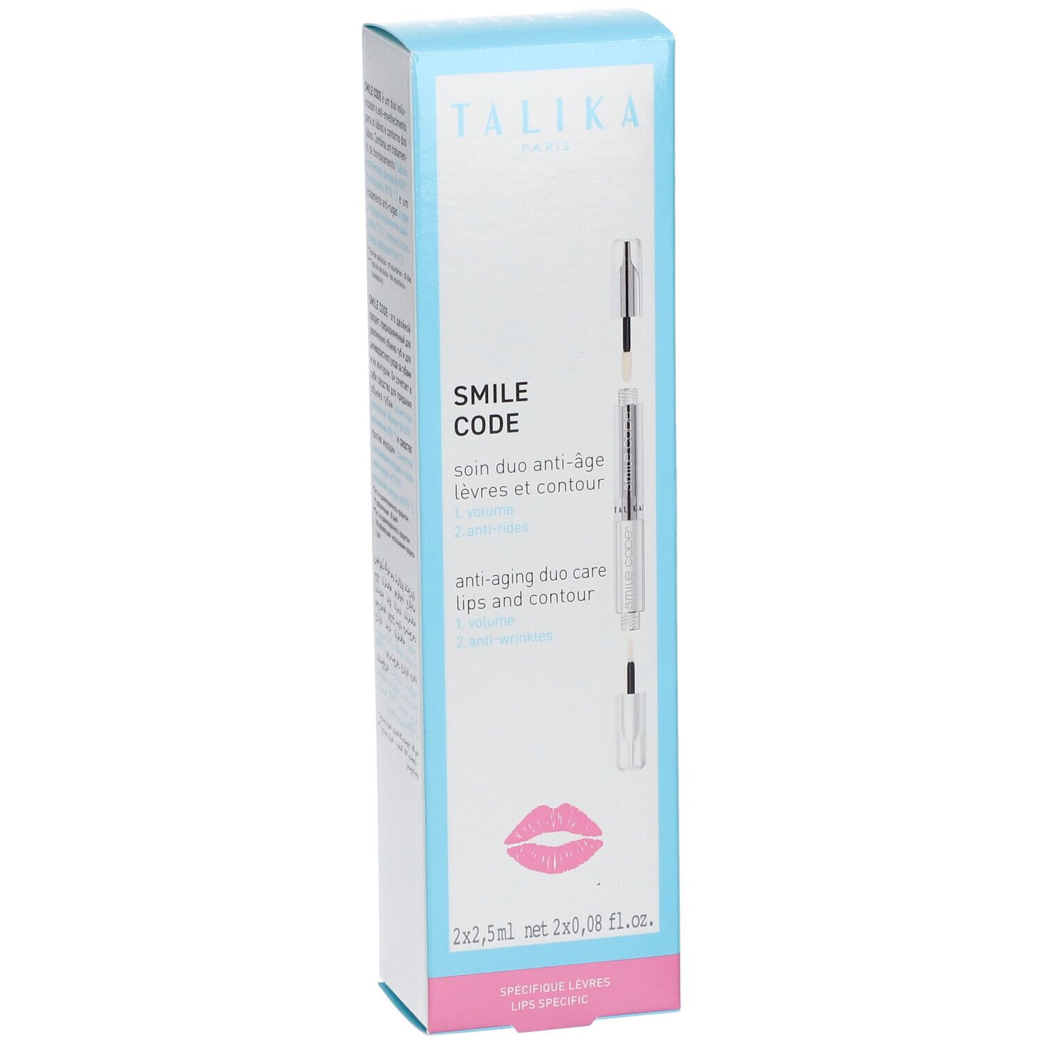 TALIKA SMILE CODE verpakking. Witblauwe doos met productafbeelding en tekst. Bevat twee pennen. Roze lippensymbool.