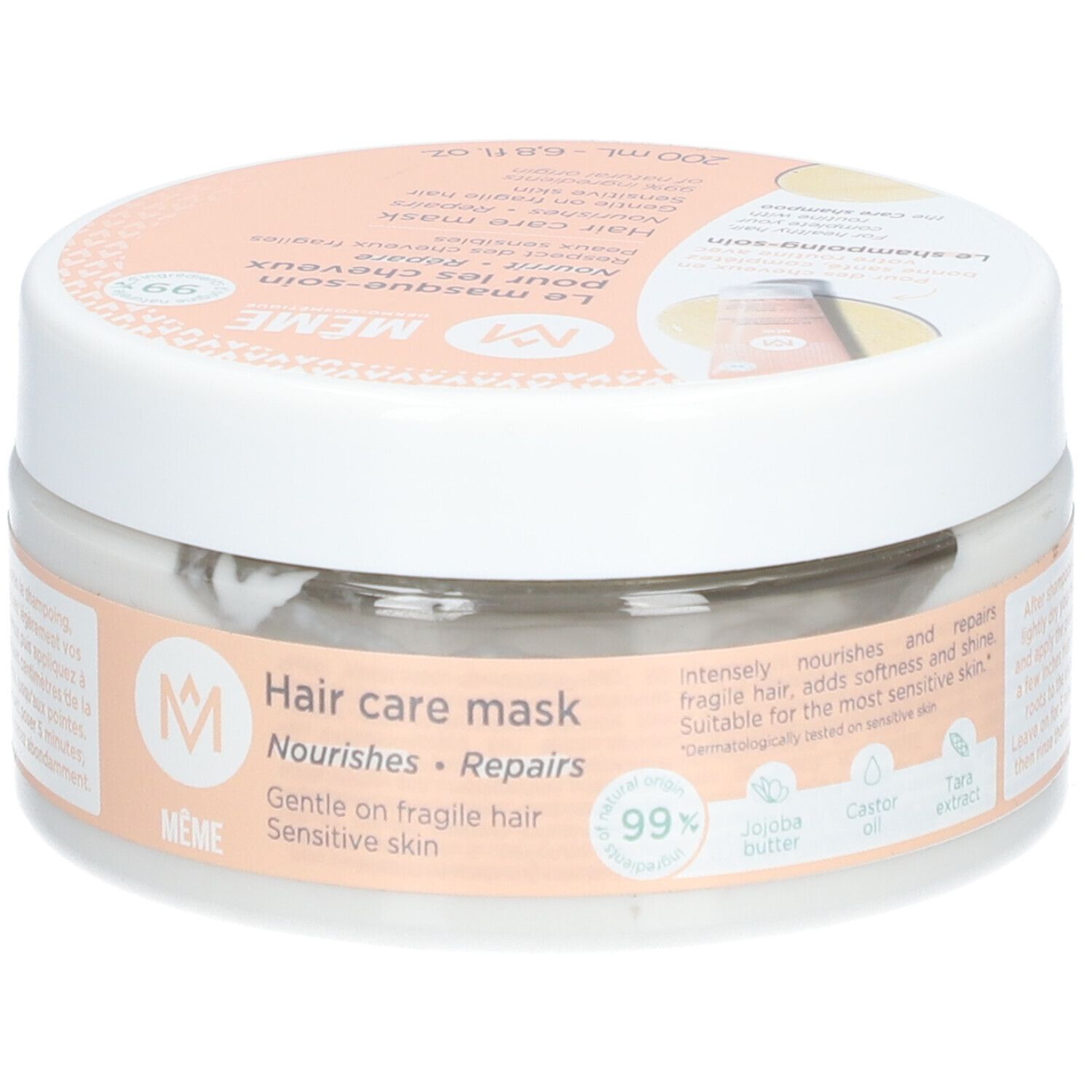 Pot de crème avec texte. Hair care mask. Nourishes - Repairs. Logo MÊME. 99%. Pour peaux sensibles.