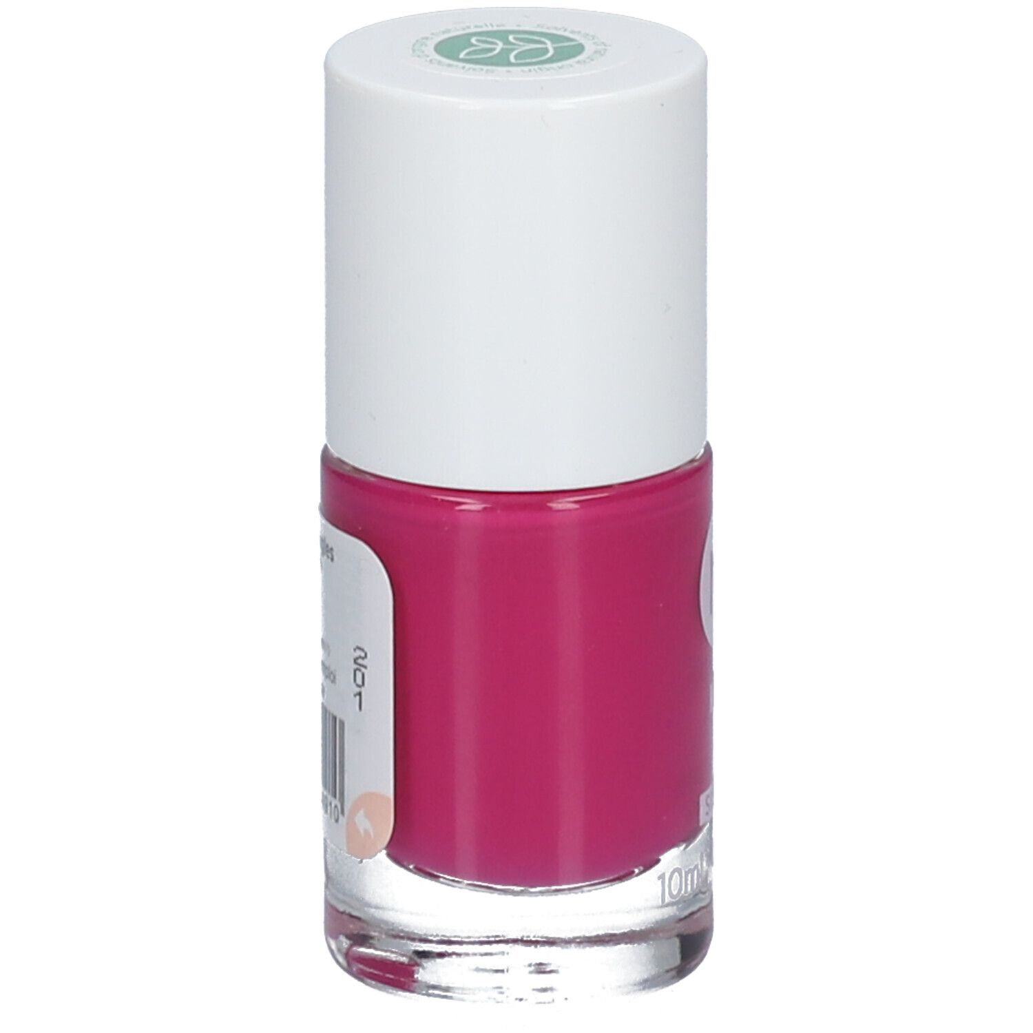 Flacon de vernis à ongles rose fuchsia avec bouchon blanc. Étiquette avec informations et code-barres. Contenu: 10ml.